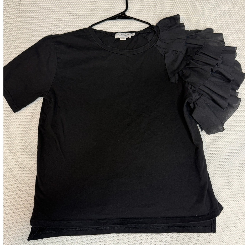 Lili Sidonio Molly Bracken Black Asymmetrical Ruffle Shoulder T-Shirt Small